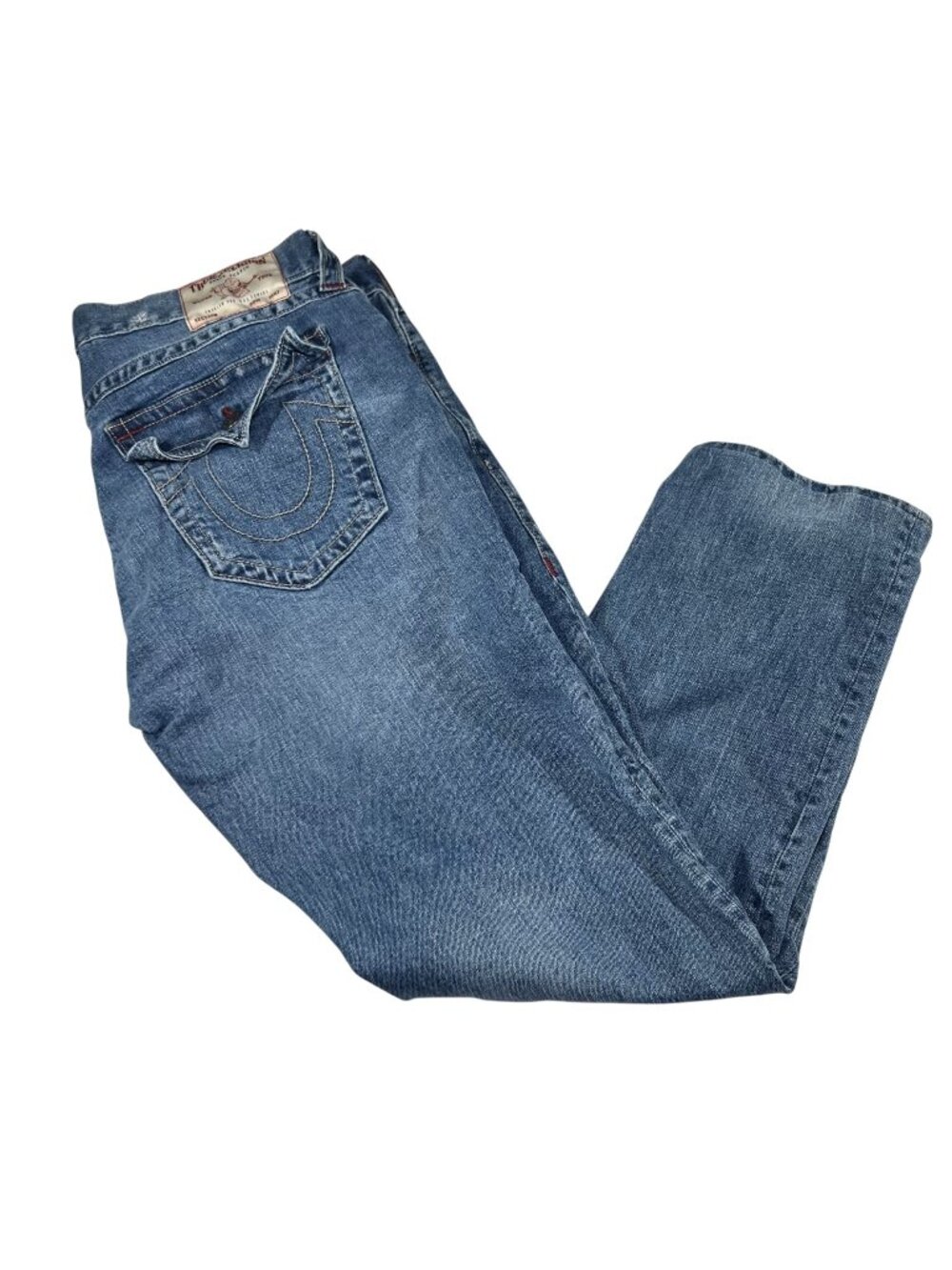 True Religion Mens Geno Relaxed Slim Distressed Jeans Size 38x29 Flap Pocket
